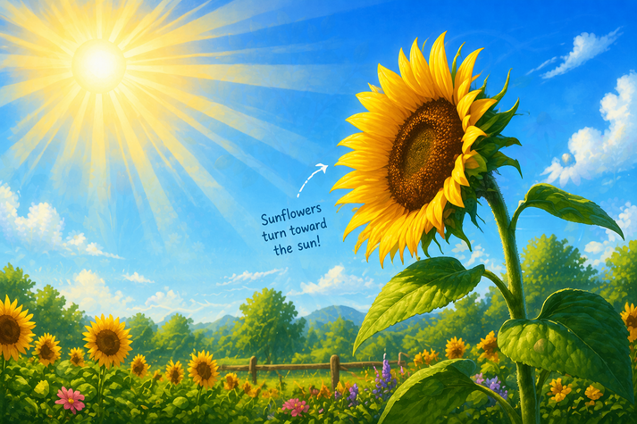 sunflower turning toward the sun, with bright rays shining down.