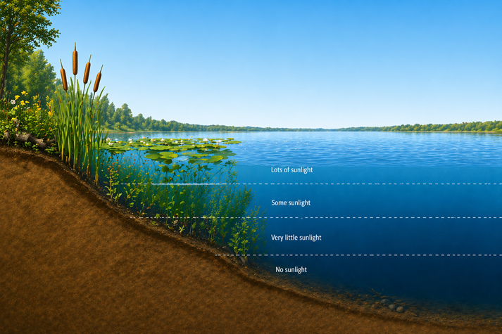 simple lake cross-section showing plants mainly in the littoral zone near the shore
