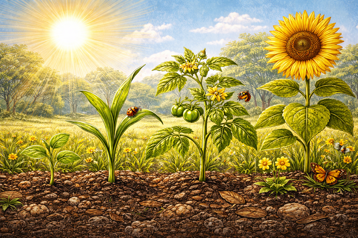bright sun shining on plants growing in soil