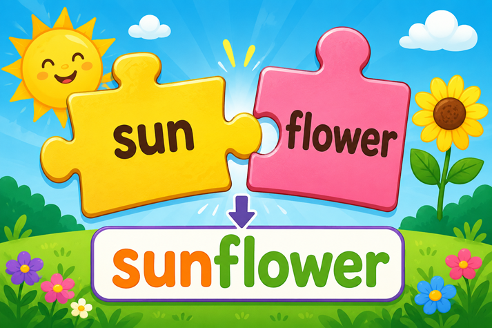 A bright rectangular image of two puzzle pieces snapping together. One piece says “sun” and the other says “flower.” Together they make “sunflower.