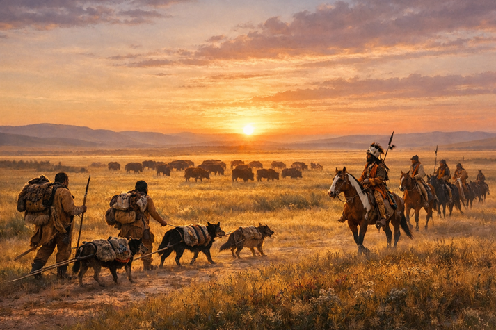 A wide rectangular scene of the Great Plains at sunrise, with open grassland, a bison herd in the distance, and two contrasting travel scenes: one group traveling on foot with dogs carrying packs and another group riding horses generations later.