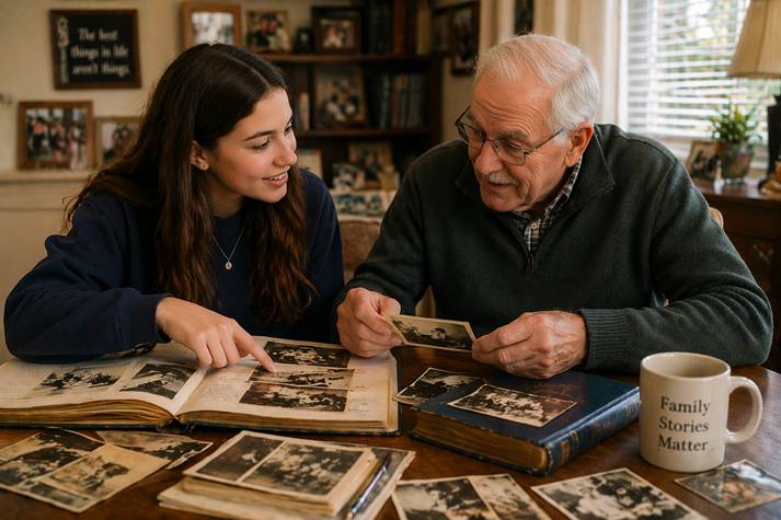 A teen sitting with an older family member, looking through photo albums and talking.