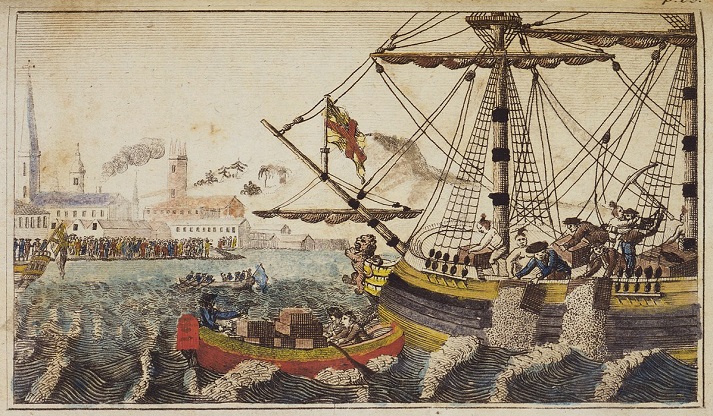 Boston Tea Party Americans are throwing cargoes of the tea ships into the river in Boston.