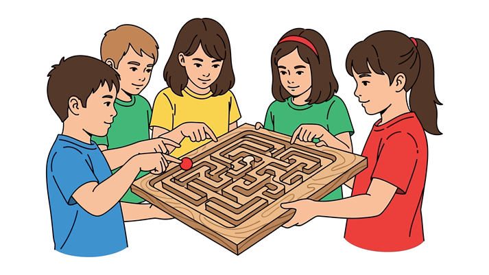 Teamwork Puzzle: A group of friends working together to solve a wooden maze puzzle, showing unity and collaborative problem-solving skills.