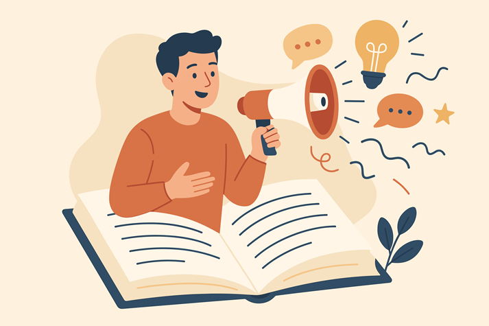 Man with megaphone communicates narrative from book