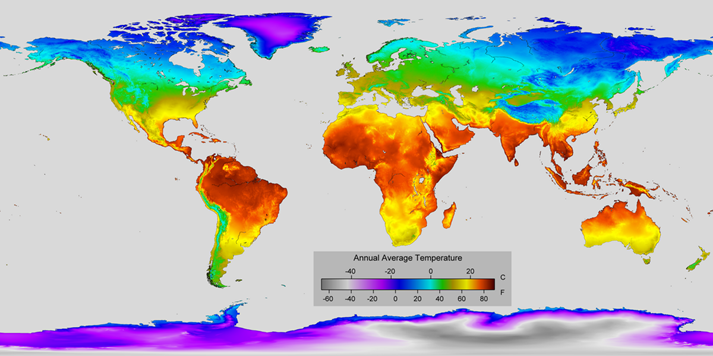 This map depicts the estimated average temperature over land from 1951 to 1980, based on the interpolation of ground level weather station data by Berkeley Earth.