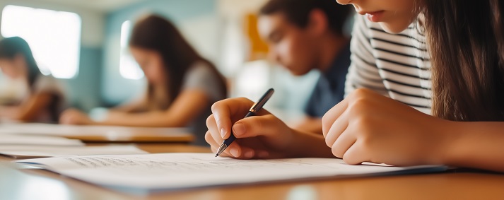 taking a test Focused students taking a test in a bright classroom