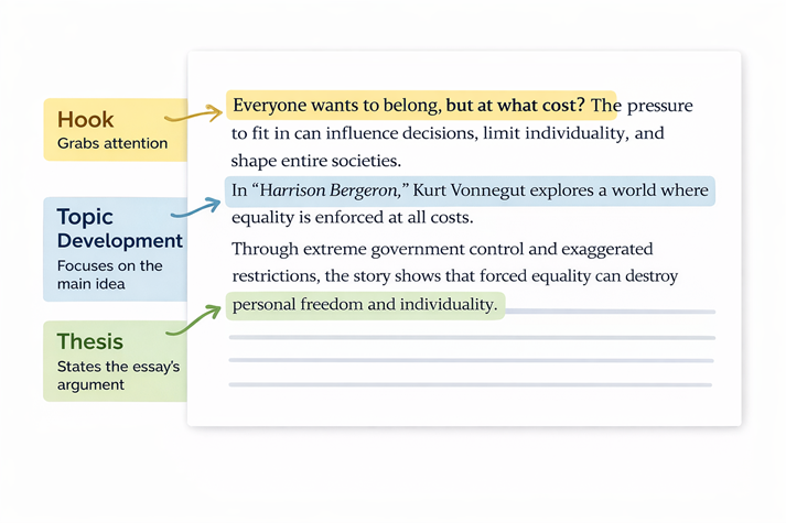Annotated paragraph labeling “hook,” “topic development,” and “thesis”