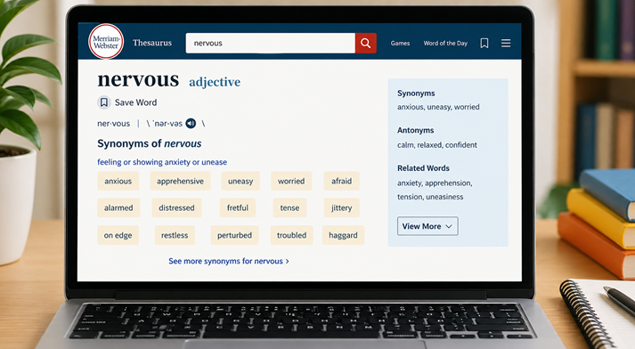 Modern workspace with thesaurus on laptop