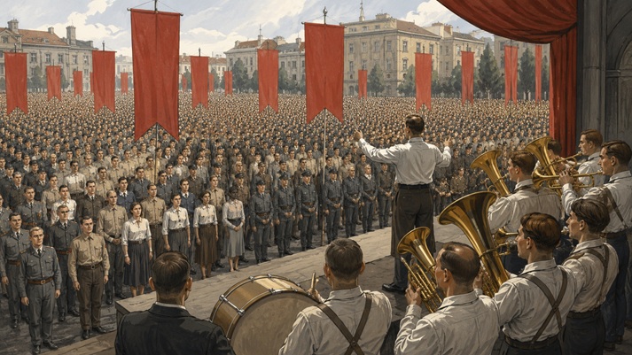 Mass rally with band and flags