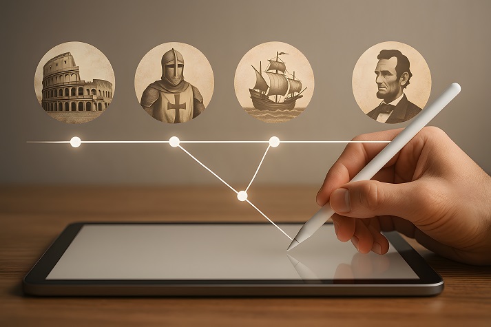 A stylus draws a historical timeline on a tablet, linking icons of ancient Rome, a medieval knight, an explorer&rsquo;s ship, and Abraham Lincoln
