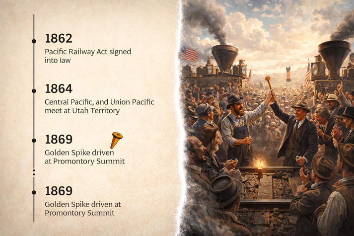 A split scene of a historical event: one side shown as a simple timeline with dates and facts, the other side showing the same event as a detailed, emotional moment with people interacting and expressions visible