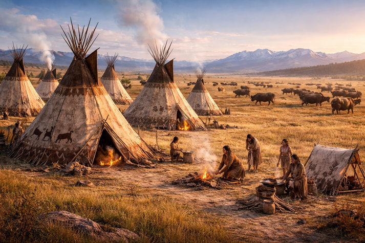 A group of tipis on open plains with buffalo in the distance