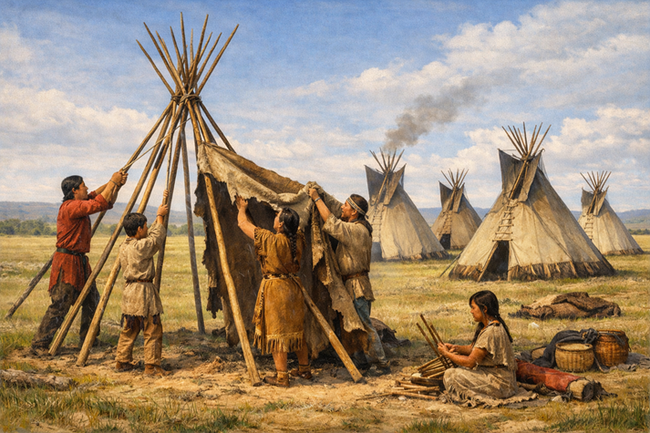 A rectangular scene of a Plains campsite with several tipis arranged in a circle, while a family works together to build one tipi step-by-step, showing poles tied at the top, hides being lifted into place, and smoke flaps at the top, with open grassland and sky in the background.