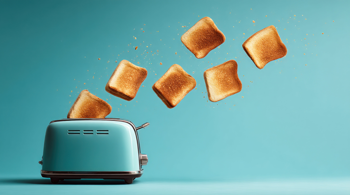 Toasted bread slices popping out of a retro teal toaster against a vibrant blue backdrop.