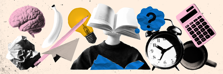 Halftone retro Collage with brain, calculator, coffee mug and book-headed student on textured beige background
