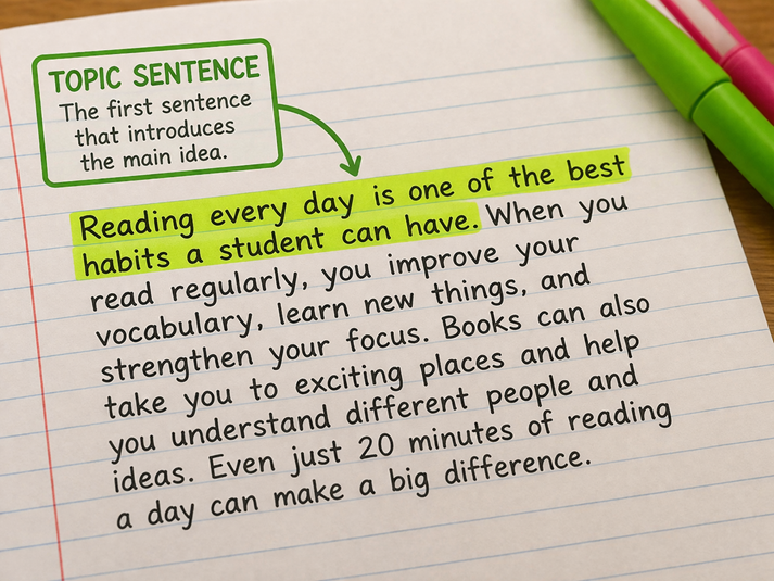A paragraph with the first sentence highlighted, labeled as the “topic sentence.”