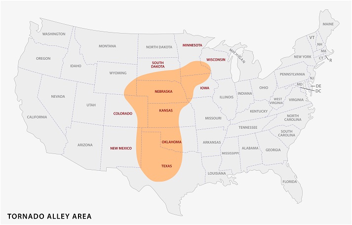 Map of the Tornado Alley area in the United States