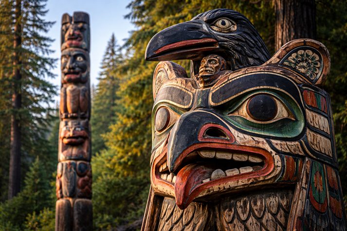 A carved wooden mask or totem pole with animal designs