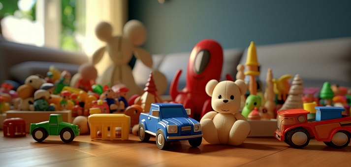 Set of different cute toys on wooden table in children's room