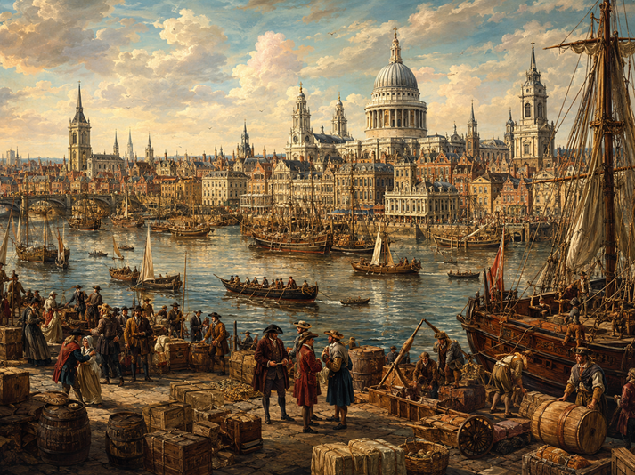 Bustling 17th-century port city scene