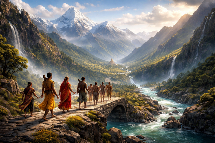 A wide landscape with travelers crossing mountains and rivers, representing a long journey across time and place.