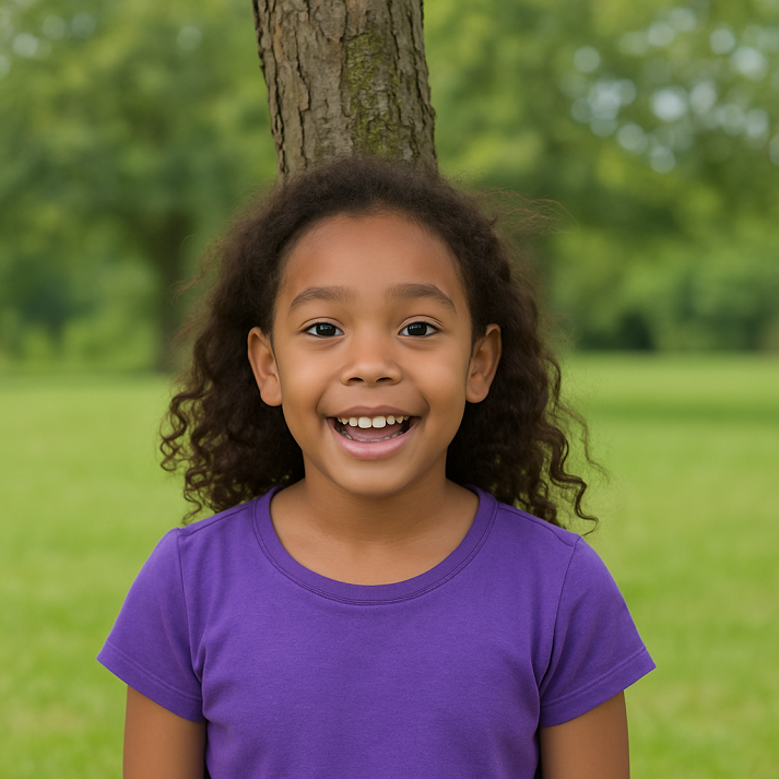 photo of a girl with a tree right behind her head