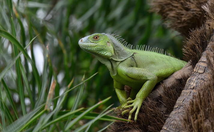 A bright green iguana resting on a rough brown palm tree trunk surrounded by green leaves