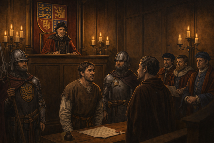 A secret royal court where a judge holds power over a frightened accused man without a jury present, showing how justice could be unfair without citizen involvement.