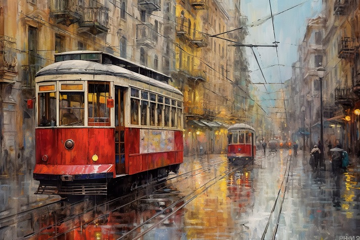 A painting of a trolley on a city street
