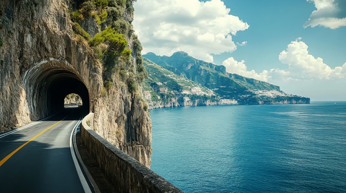 mountain tunnel A winding road leading through a tunnel carved into a cliff face, with the sea and coastline in the distance.