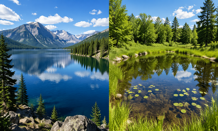 A split image showing a large, deep lake next to a small, shallow pond, with trees and sky reflected in the water