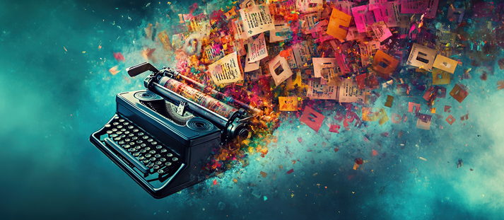 Vintage typewriter with colorful words exploding