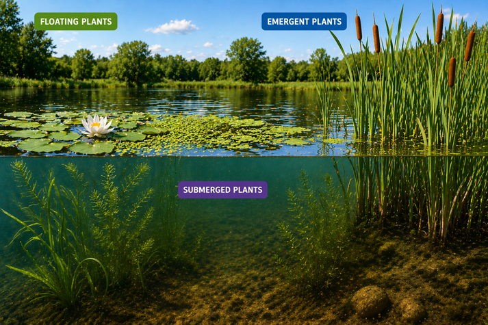 labeled scene showing three types of aquatic plants: floating plants on the surface, submerged plants underwater, and emergent plants growing above the water