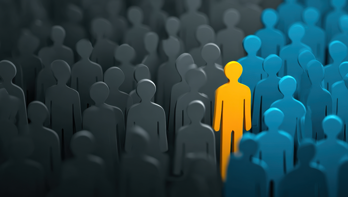 A vibrant individual stands out from the crowd, representing uniqueness, leadership, and the power of personal identity in a collective environment.
