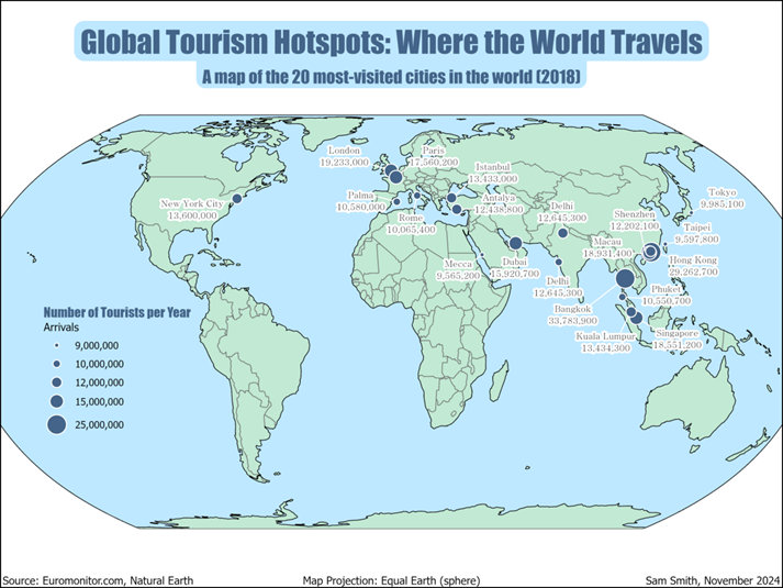 This is a proportional symbol map that shows the top 20 cities in the world by tourist visits in 2018. All data comes from Euromonitor.com and Natural Earth.