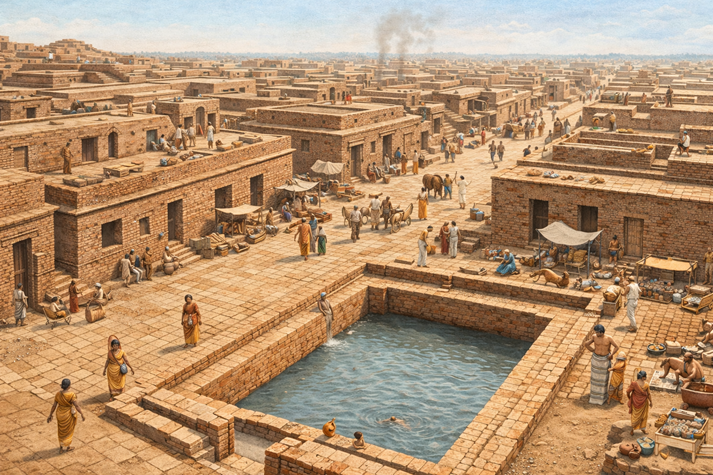 a reconstruction illustration of Mohenjo-daro showing what the city may have looked like when people lived there