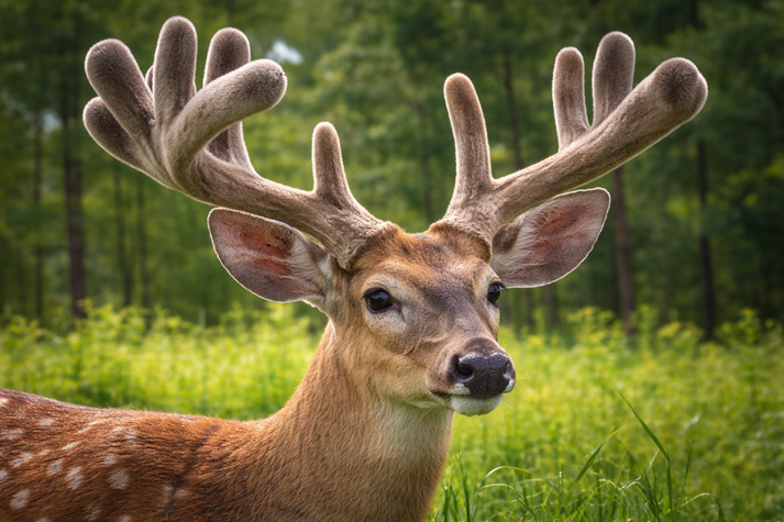 velvet-covered antlers in spring forest