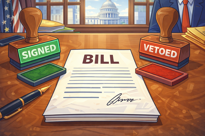 A desk with a paper labeled “bill” and two stamps: “SIGNED” and “VETOED.”