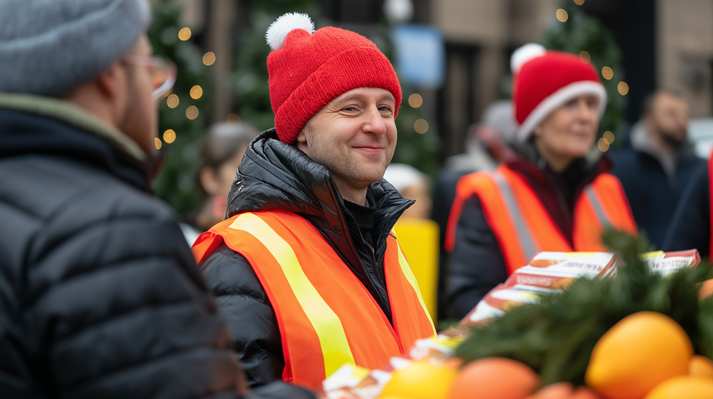 Boxing Day charity event with volunteers handing out food and clothing to people in need, festive decorations around
