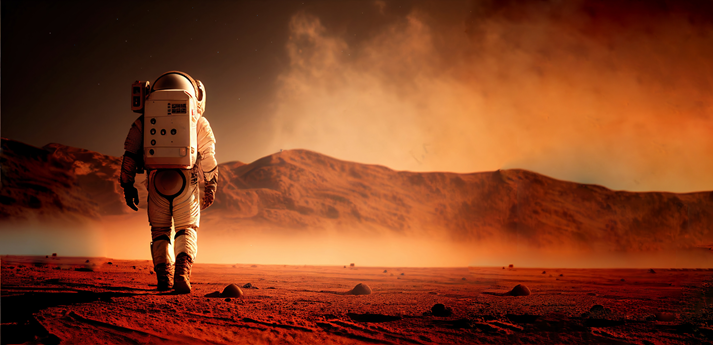 Astronaut on mars the red planet. Landscape with desert and mountains, Colonization of Mars, generative ai