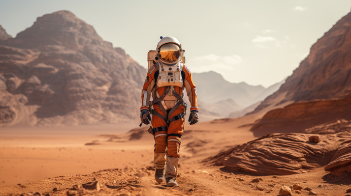 An astronaut in a suit walks on the planet's surface