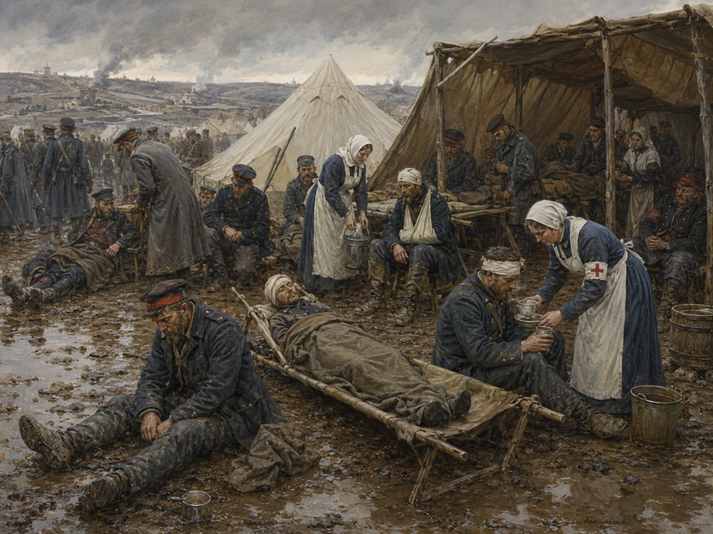 Wartime field hospital in bleak weather