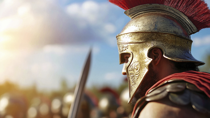 valiant ancient Greek warrior stands proud in armor, showcasing strength and determination against backdrop of battle