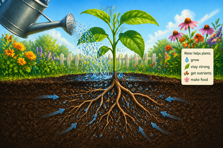 Water being poured onto soil around a plant, with roots soaking it up underground.