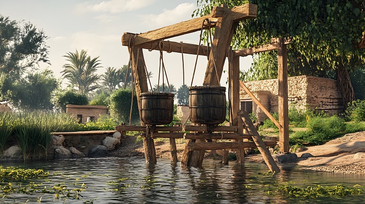 Drawing Water from Nile River Intricate Ancient Egyptian Shaduf Irrigation System Drawing Water from Nile River