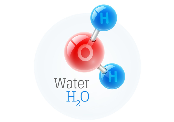 Chemistry model of molecule water scientific elements, integrated particles of hydrogen and oxygen, isolated on white background.