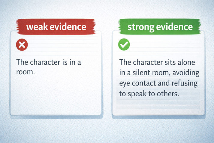 Two side-by-side text boxes labeled “weak evidence” and “strong evidence,” with one vague and one detailed example
