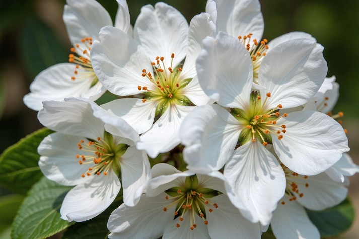 Cluster of white flowers in full bloom stamens