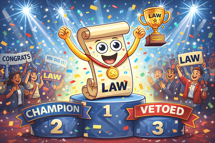 Champion law celebrates victory with trophy